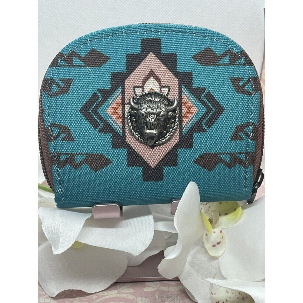 AZTEC Coin Purse Keychain Wallet Native design Buffalo Charm TURQUOISE Western